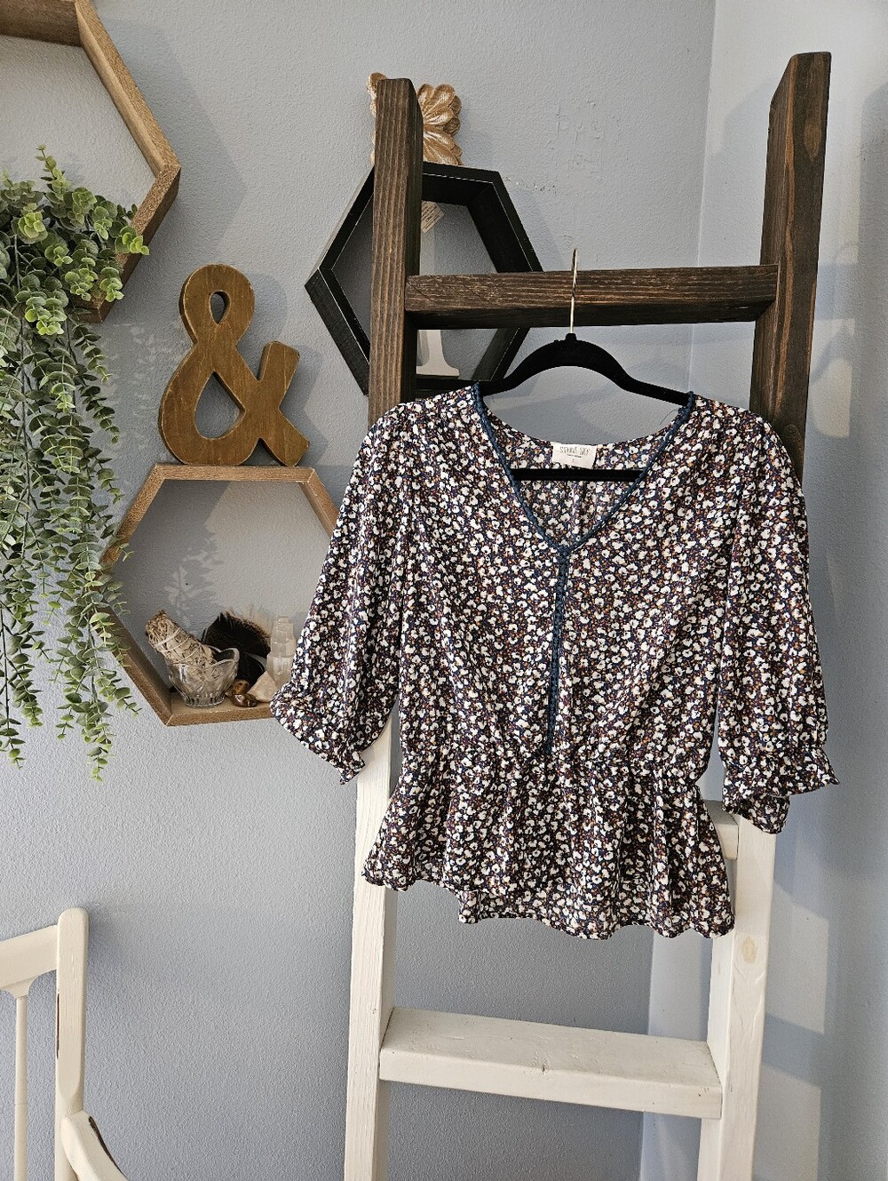 Boho Sienna Sky Navy, White & Brown Floral Peplum Blouse